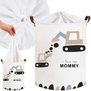 TULIMI Koš na hračky, uzavíratelný, Tulimi, bavlna, Trucks Love Mommy - bílý, 43 L