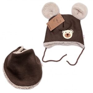 Baby Nellys Pletená zimní čepice s kožíškem a šátkem Teddy Bear, Baby Nellys, hnědá, vel. 80/86