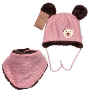 Baby Nellys Pletená zimní čepice s kožíškem a šátkem Teddy Bear, Baby Nellys, růžová