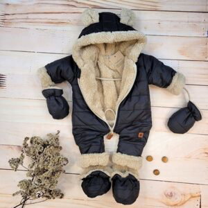 Z&Z Zimní prošívaná kombinéza s kožíškem a kapucí + rukavičky + botičky, Z&Z - černá - 62 (2-3m)