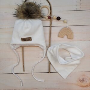 Z&Z Zimní dvouvrstvá čepice na zavazování s bambulí z kožešinky + šátek Z&Z, bílá, vel. 68/74 - 68-74 (6-9m)