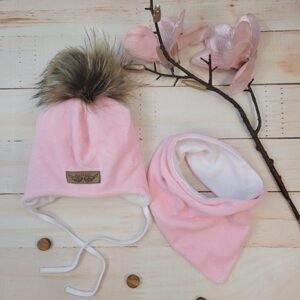 Z&Z Zimní dvouvrstvá čepice na zavazování s bambulí z kožešinky + šátek Z&Z, růžová - 56-62 (0-3m)