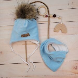 Z&Z Zimní dvouvrstvá čepice na zavazování s bambulí z kožešinky + šátek Z&Z, modrá - 68-74 (6-9m)
