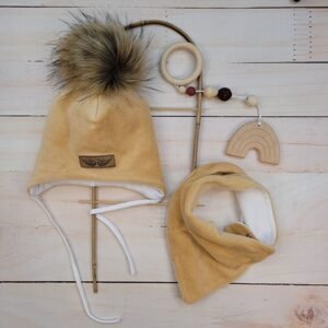 Z&Z Zimní dvouvrstvá čepice na zavazování s bambulí z kožešinky + šátek Z&Z, béžová - 56-62 (0-3m)