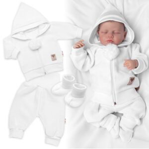 Baby Nellys 3-dílná souprava Hand made, pletený kabátek, kalhoty a botičky, bílá, vel. 68 - 62 (2-3m)