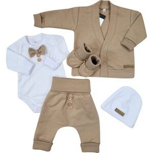 Kazum Bavlněná sada, body, kalhoty, motýlek a čepice Elegant Boy 5D, Kazum, mocca/bílá, vel. 80 - 80 (9-12m)