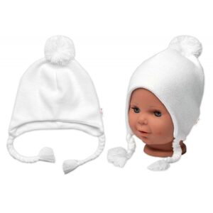 Baby Nellys Pletená čepice s bavlněnou podšívkou, bambulkou a copánky, bílá - 56-62 (0-3m)
