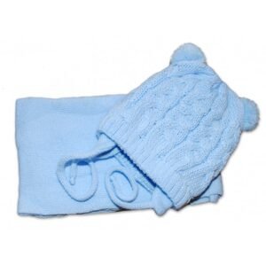 Baby Nellys Zimní pletená kojenecká čepička s šálou TEDDY - modrá s bambulkami, vel. 62/68