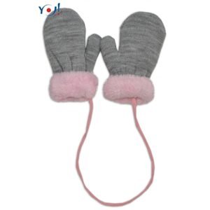 YO ! Zimní kojenecké rukavičky s kožíškem - se šňůrkou YO - šedé/růžový kožíšek, 110