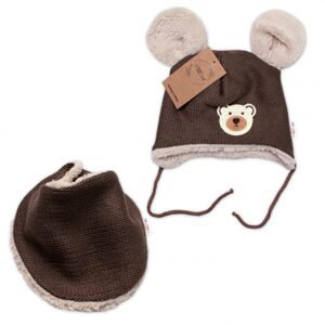 Baby Nellys Pletená zimní čepice s kožíškem a šátkem Teddy Bear, Baby Nellys, hnědá, vel. 80/86 - 56-62 (0-3m)