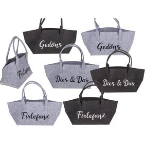Filcová nákupní taška s textem, 35 x 20 x 23 cm, 100% polyester, různé nápisy: Gedöns, Firlefans, Dies & Das (tmavě šedá, světle šedá)