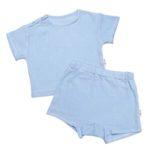 Baby Nellys Dětská letní mušelínová 2D sada tričko kr. rukáv + kraťasy, modré - 92-98 (18-36m)