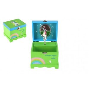 Teddies Skříňka šperkovnice jednorožec hrající na natažení dřevo odklápěcí vrch zelená 12,5x10,5cm v krabici