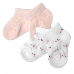 Baby Nellys Sada 2 párů žakarových ponožek - se vzorem, bílé s kytičkou, růžová se vzorem
