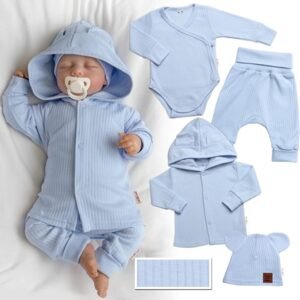 Baby Nellys Žebrovaná rostoucí souprava 4D, zavin. body, kalhoty, kabátek a čepička, modrá - 50-56 (0-2m)