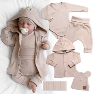 Baby Nellys Žebrovaná rostoucí souprava 4D, zavin. body, kalhoty, kabátek a čepička, béžová