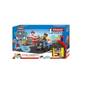 Conquest Autodráha Carrera First Paw Patrol/Tlapková Patrola 2,9m plast +2 auta na bat. v krabici 50x30x7cm