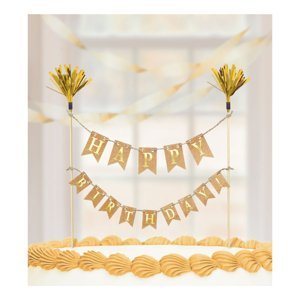 Dekorace na dort zlatý nápis Happy Birthday 15 cm x 20 cm Dekorace na dort zlatý nápis Happy Birthday 15 cm x 20 cm