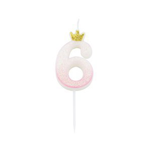 Svíčka číslo 6 růžová s korunkou a glitrem 9,5 cm Svíčka číslo 6 růžová s korunkou a glitrem 9,5 cm