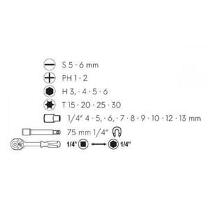 Ráčna oboustranná s bity a adaptery 1/4" 23 ks