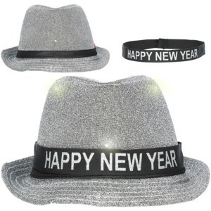 Klobouk Happy New Year stříbrný s LED