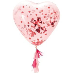 Balónek latexový transparentní s konfetami a střapci Srdce 91 cm