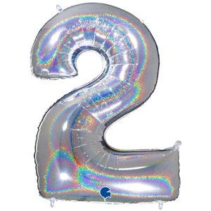 Balónek fóliový číslice 2 holografická stříbrná 102 cm