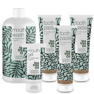 Balení 5 produktů pro zdravé dásně, zuby a jazyk - Přípravky s Tea Tree Oil pro každodenní péči o dásně, zuby a jazyk