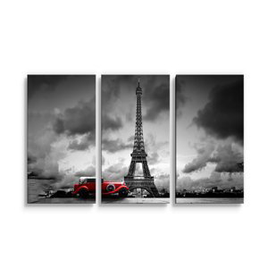Obraz - 3-dílný Eiffelova věž a červené auto - 120x80 cm