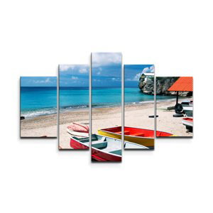 Obraz - 5-dílný Loďky na pláži - 125x90 cm