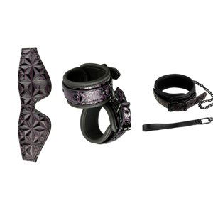 SET maska na oči BLAZE BLINDFOLD + pouta na ruce HANDCUFF + obojek COLLAR AND LEASH fialový