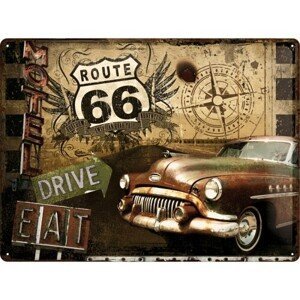 Plechová cedule Route 66 - Drive, Eat, (40 x 30 cm)