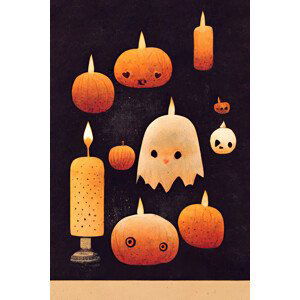 Ilustrace Candles, Pumpkins And A Ghost, Treechild, (26.7 x 40 cm)