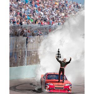 Umělecká fotografie Winning driver standing on hood of race car., Jon Feingersh, (30 x 40 cm)