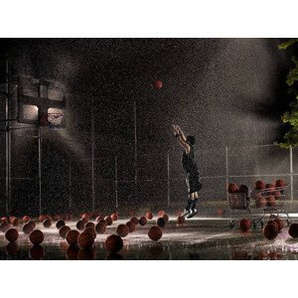 Umělecká fotografie Man shooting basketball at night in, Adam Weiss, (40 x 30 cm)