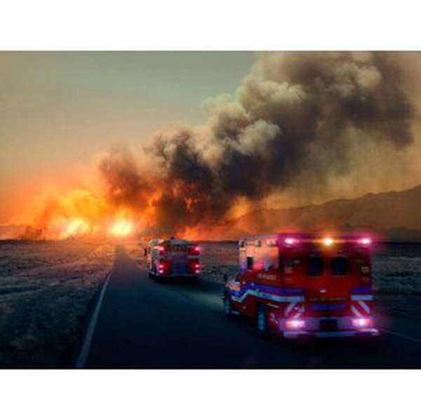 Umělecká fotografie Ambulance driving to forest fire in desert, Colin Anderson Productions pty ltd, (40 x 30 cm)