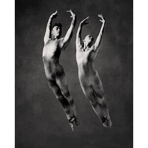 Umělecká fotografie Male and female dancers in mid-air leap (B&W), Ray Massey, (30 x 40 cm)