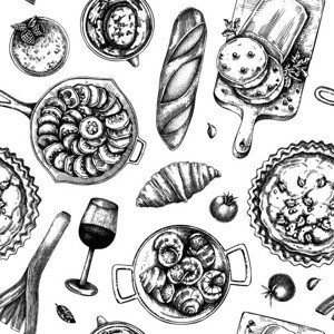 Ilustrace French food seamless pattern, Ievgeniia Lytvynovych, (40 x 40 cm)