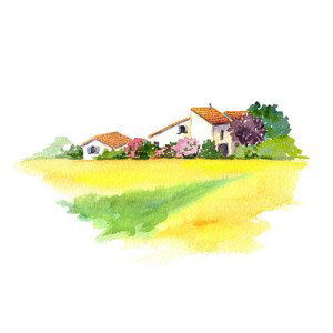 Ilustrace Rural house and yellow field in, zzorik, (40 x 24.6 cm)