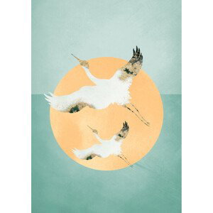 Ilustrace Mint Green Sun, Aureous Cranes, 30x40 cm
