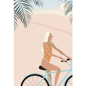 Ilustrace Surfer girl in bikini on bicycle, LucidSurf, 26.7x40 cm