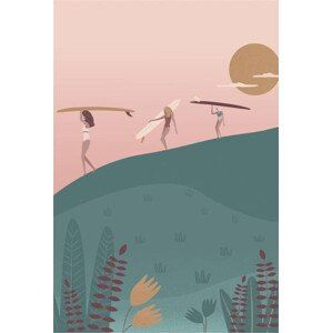 Ilustrace Surf girls walking with the longboards, LucidSurf, 26.7x40 cm