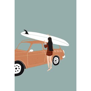 Ilustrace Flat illustration of surfer girl holding, LucidSurf, 26.7x40 cm