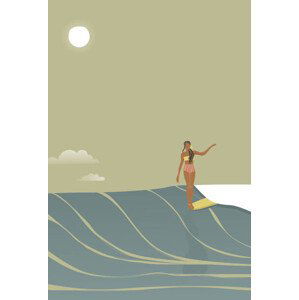 Ilustrace Surfer girl full moon retro style vector, LucidSurf, 26.7x40 cm