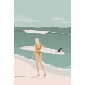 Ilustrace Surfer Girl Walking on the Beach,, LucidSurf, 26.7x40 cm