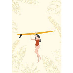 Ilustrace Surfer Girl Holding the Longboard Surfboard,, LucidSurf, 26.7x40 cm