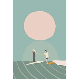 Ilustrace A surf couple surfing on the longboard surfboards, LucidSurf, 26.7x40 cm