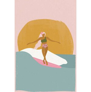 Ilustrace Surfer girl on a longboard surfboard,, LucidSurf, 26.7x40 cm