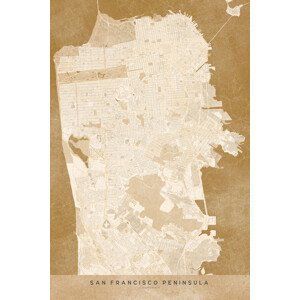 Mapa Map of San Francisco Peninsula in sepia vintage style, Blursbyai, (26.7 x 40 cm)