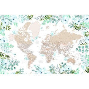 Mapa Floral bohemian world map with cities, Leanne, Blursbyai, (40 x 26.7 cm)